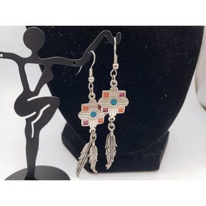 Silver-tone and Turquoise Red/Orange Square w/Feathers Earrings - 2.75" inches